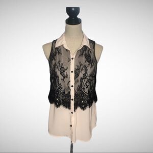 Love Stitch Sleeveless Black Lace Over Beige Top
